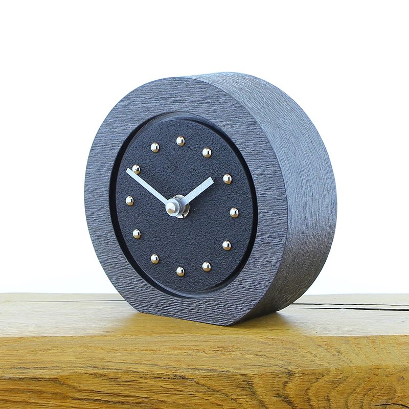 Round Black Mantel Clock, Pewter Frame, Silver Studs and Hands