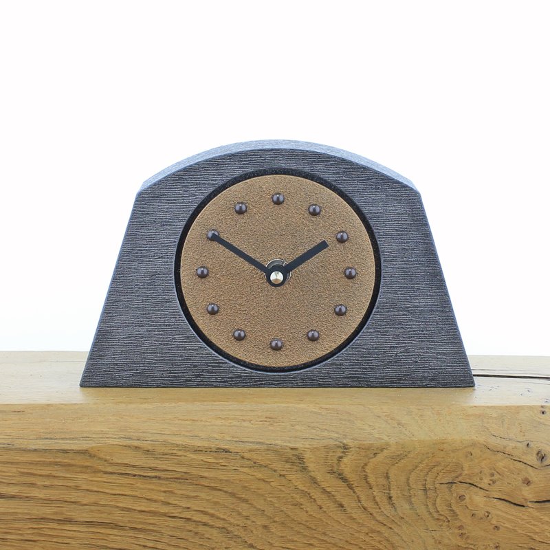 Arched Copper Mantel Clock, Pewter Frame, Antique Studs and Black Hands
