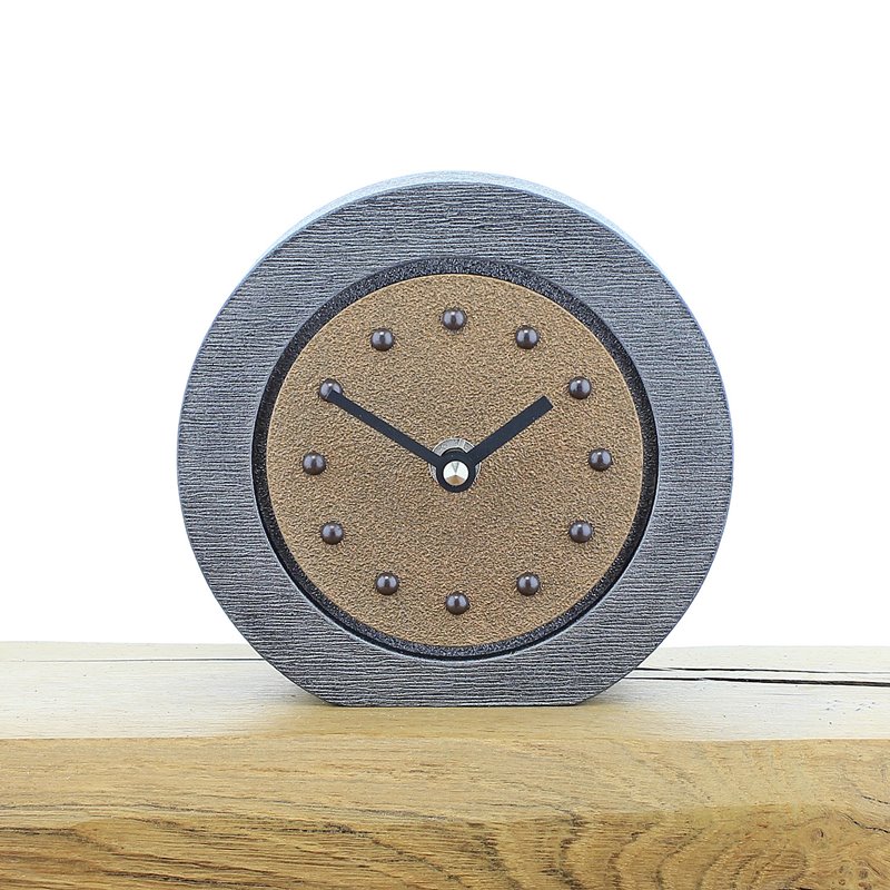 Round Copper Mantel Clock, Pewter Frame, Antique Studs and Black Hands