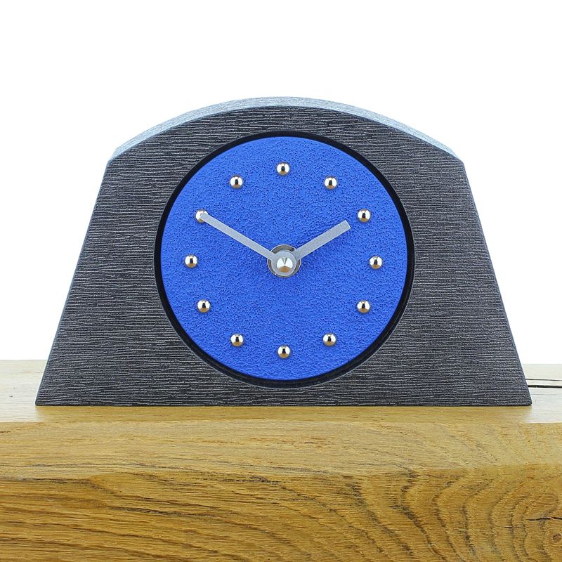 Arched Dark Blue Mantel Clock, Pewter Frame, Silver Studs and Hands