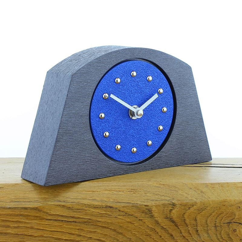 Arched Dark Blue Mantel Clock, Pewter Frame, Silver Studs and Hands