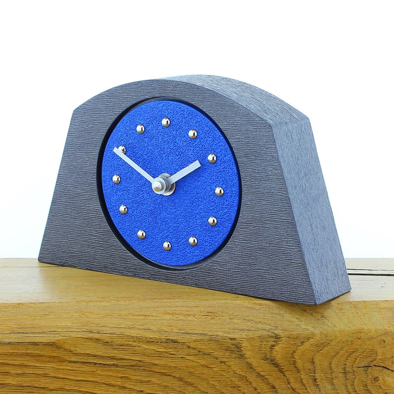 Arched Dark Blue Mantel Clock, Pewter Frame, Silver Studs and Hands