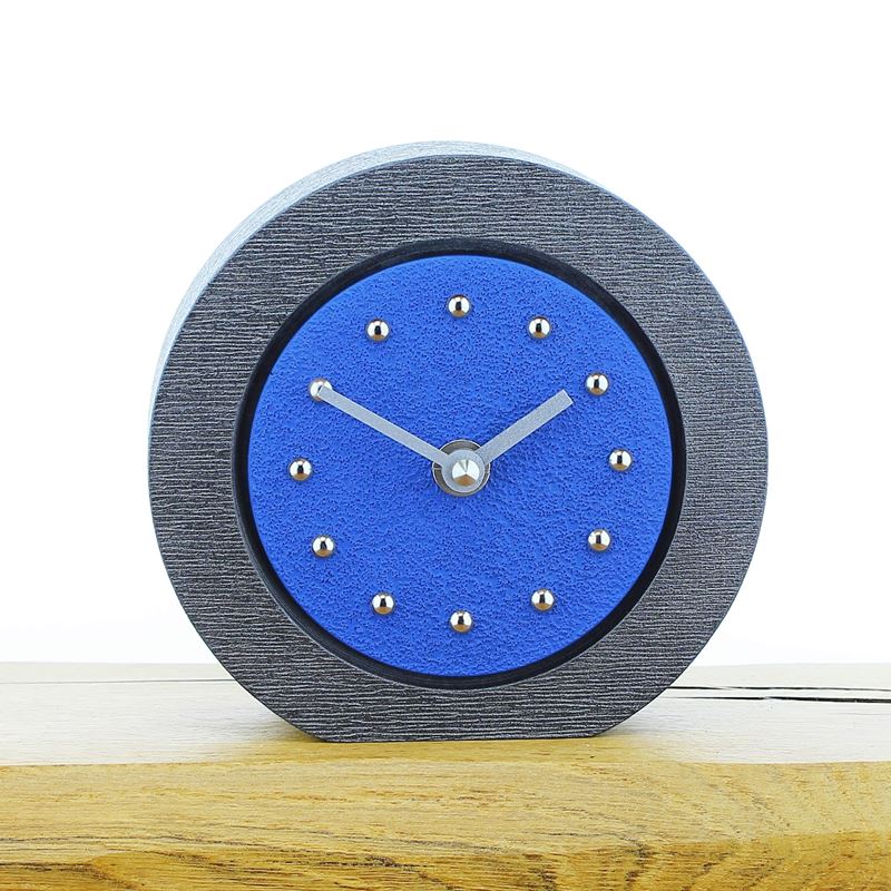 Round Dark Blue Mantel Clock, Pewter Frame, Silver Studs and Hands