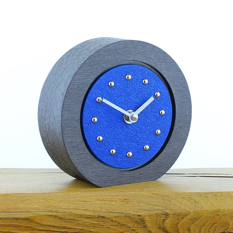 Round Dark Blue Mantel Clock, Pewter Frame, Silver Studs and Hands