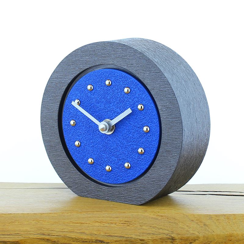 Round Dark Blue Mantel Clock, Pewter Frame, Silver Studs and Hands