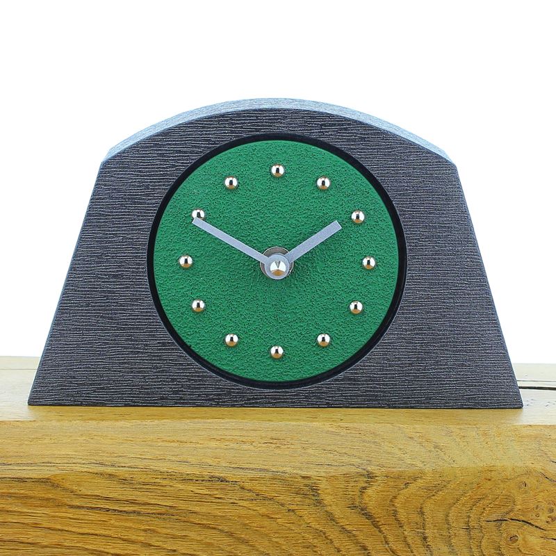 Arched Dark Green Mantel Clock, Pewter Frame, Silver Studs and Hands