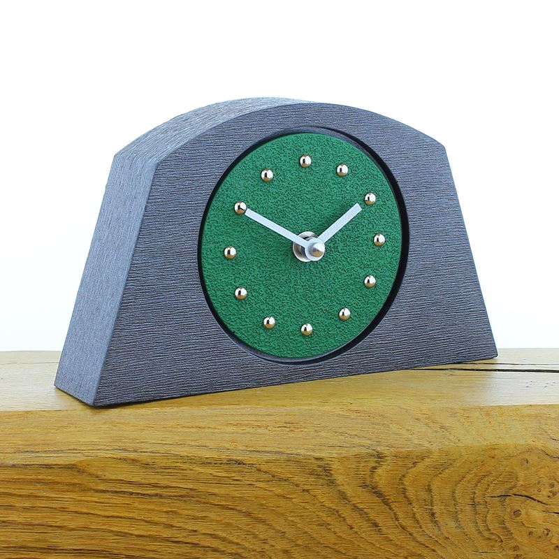 Arched Dark Green Mantel Clock, Pewter Frame, Silver Studs and Hands