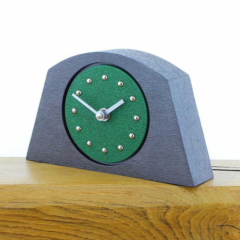 Arched Dark Green Mantel Clock, Pewter Frame, Silver Studs and Hands