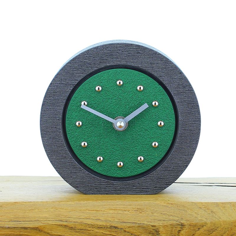 Round Dark Green Mantel Clock, Pewter Frame, Silver Studs and Hands