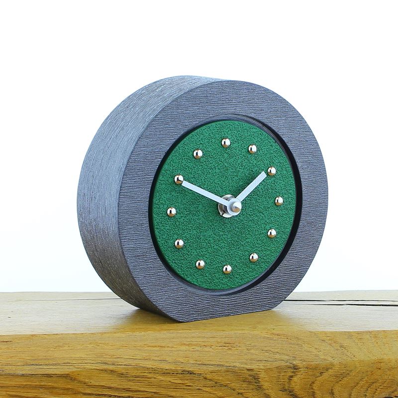 Round Dark Green Mantel Clock, Pewter Frame, Silver Studs and Hands