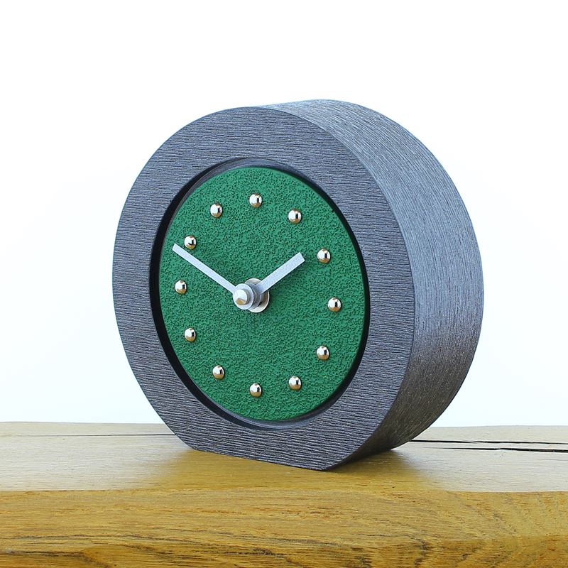 Round Dark Green Mantel Clock, Pewter Frame, Silver Studs and Hands