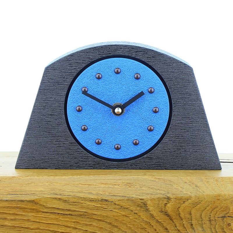 Arched Light Blue Mantel Clock, Pewter Frame, Antique Studs, Black Hands