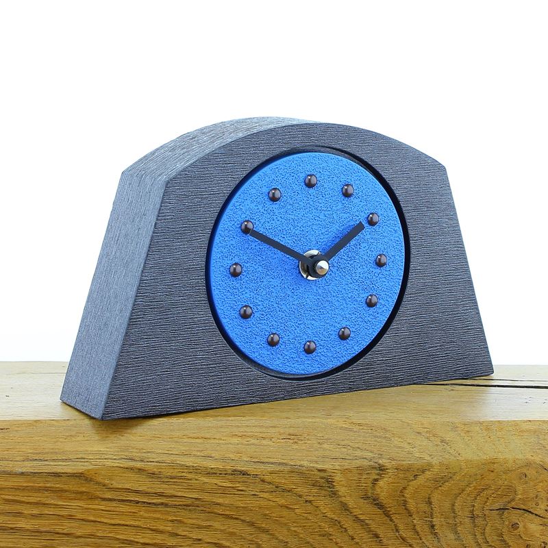 Arched Light Blue Mantel Clock, Pewter Frame, Antique Studs, Black Hands