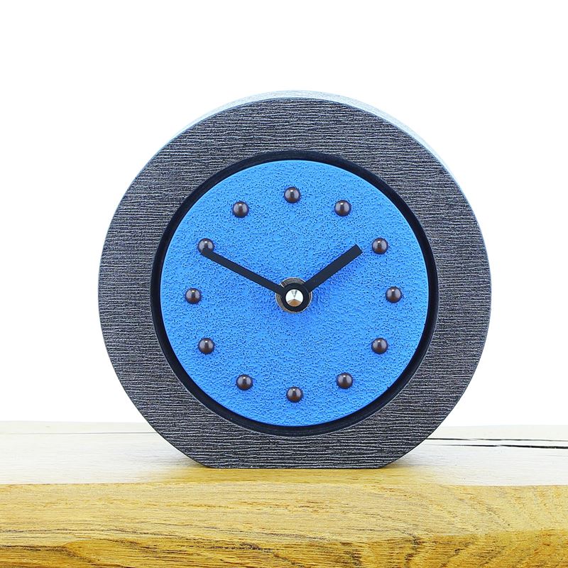 Round Light Blue Mantel Clock, Pewter Frame, Antique Studs, Black Hands