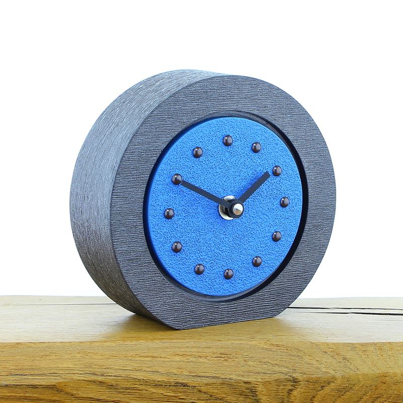 Round Light Blue Mantel Clock, Pewter Frame, Antique Studs, Black Hands