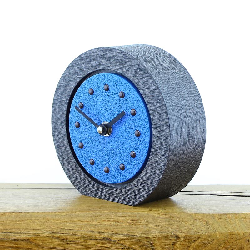 Round Light Blue Mantel Clock, Pewter Frame, Antique Studs, Black Hands