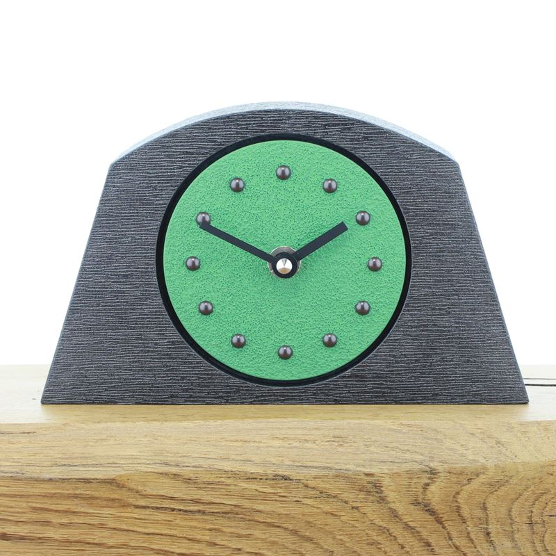 Arched Light Green Mantel Clock, Pewter Frame, Antique Studs, Black Hands