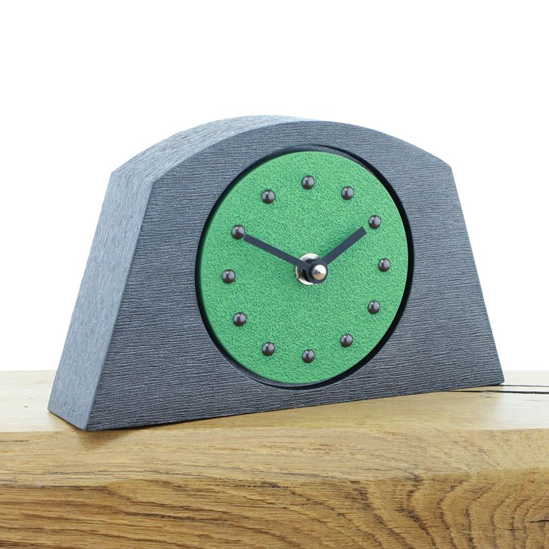 Arched Light Green Mantel Clock, Pewter Frame, Antique Studs, Black Hands