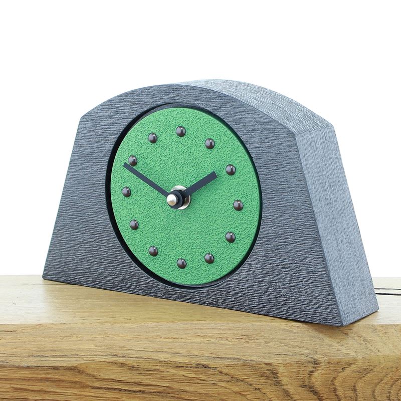 Arched Light Green Mantel Clock, Pewter Frame, Antique Studs, Black Hands