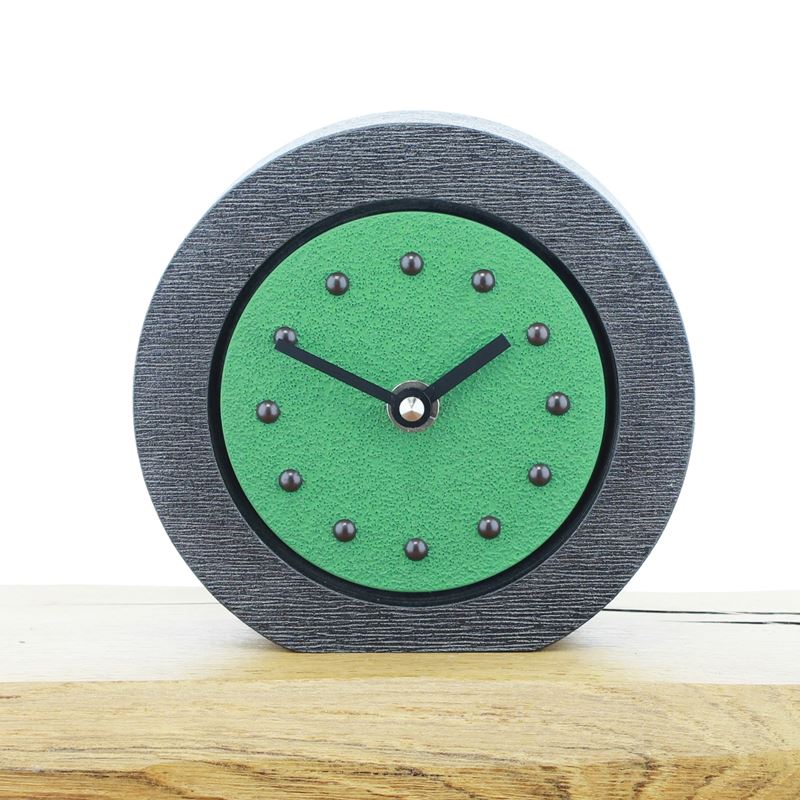 Round Light Green Mantel Clock, Pewter Frame, Antique Studs, Black Hands