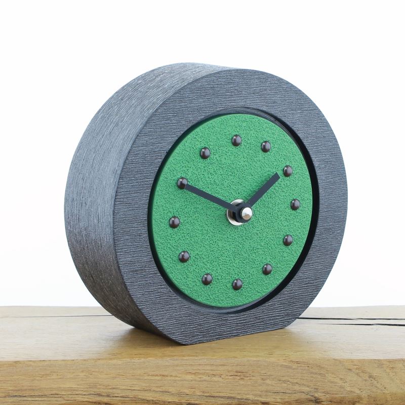 Round Light Green Mantel Clock, Pewter Frame, Antique Studs, Black Hands