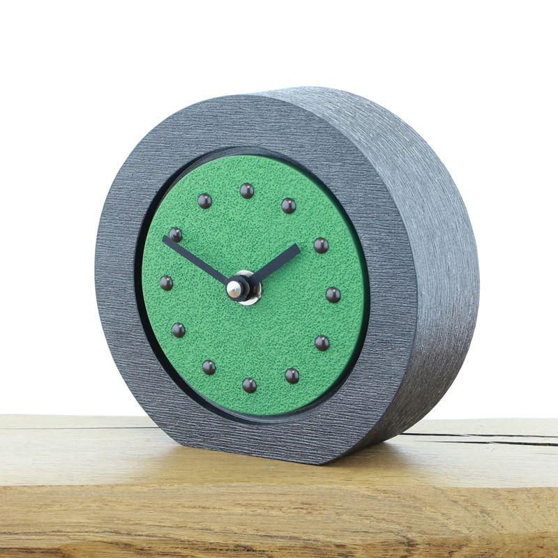 Round Light Green Mantel Clock, Pewter Frame, Antique Studs, Black Hands