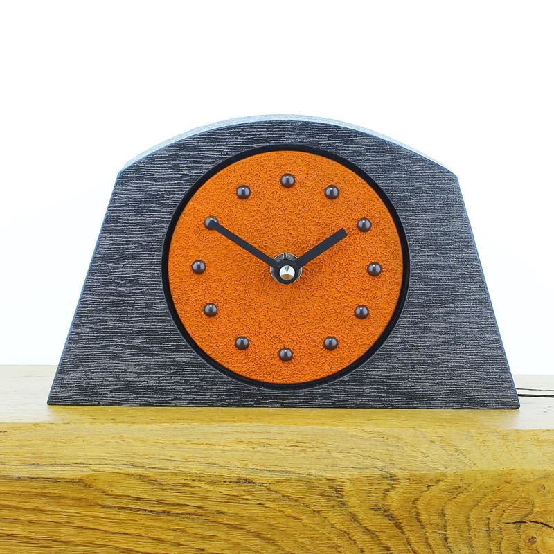 Arched Orange Mantel Clock, Pewter Frame, Antique Studs, Black Hands