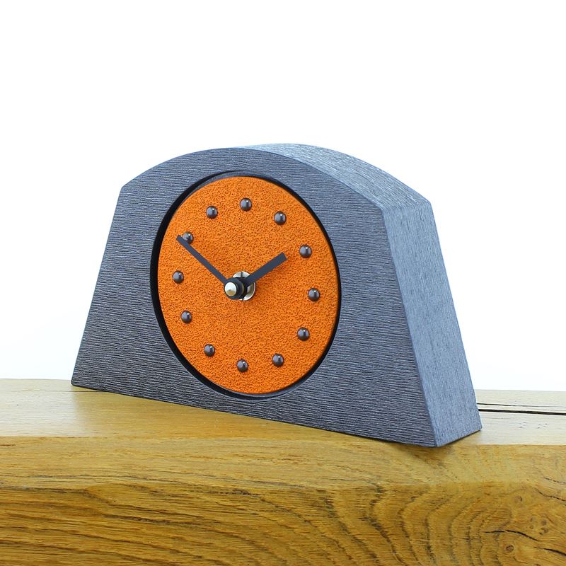 Arched Orange Mantel Clock, Pewter Frame, Antique Studs, Black Hands