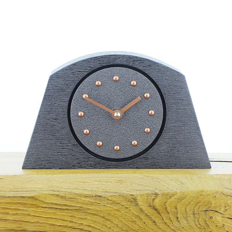 Arched Pewter Coloured Mantel Clock, Pewter Frame, Copper Studs and Hands