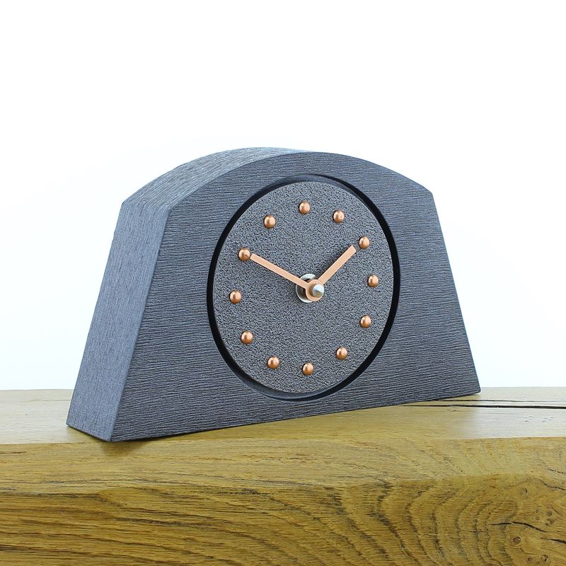 Arched Pewter Mantel Clock, Pewter Frame, Copper Studs and Hands