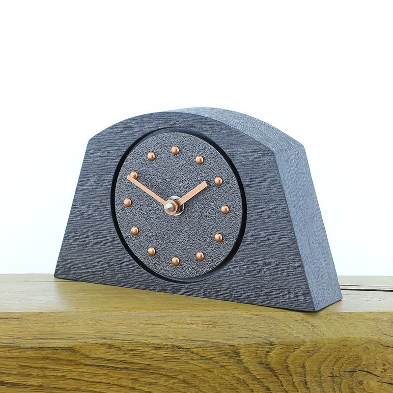 Arched Pewter Coloured Mantel Clock, Pewter Frame, Copper Studs and Hands