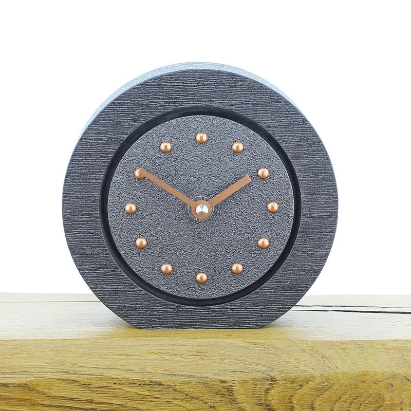 Round Pewter Coloured Mantel Clock, Pewter Frame, Copper Studs and Hands