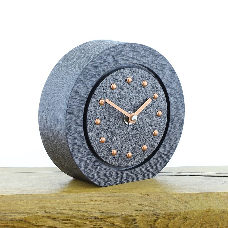 Round Pewter Mantel Clock, Pewter Frame, Copper Studs and Hands