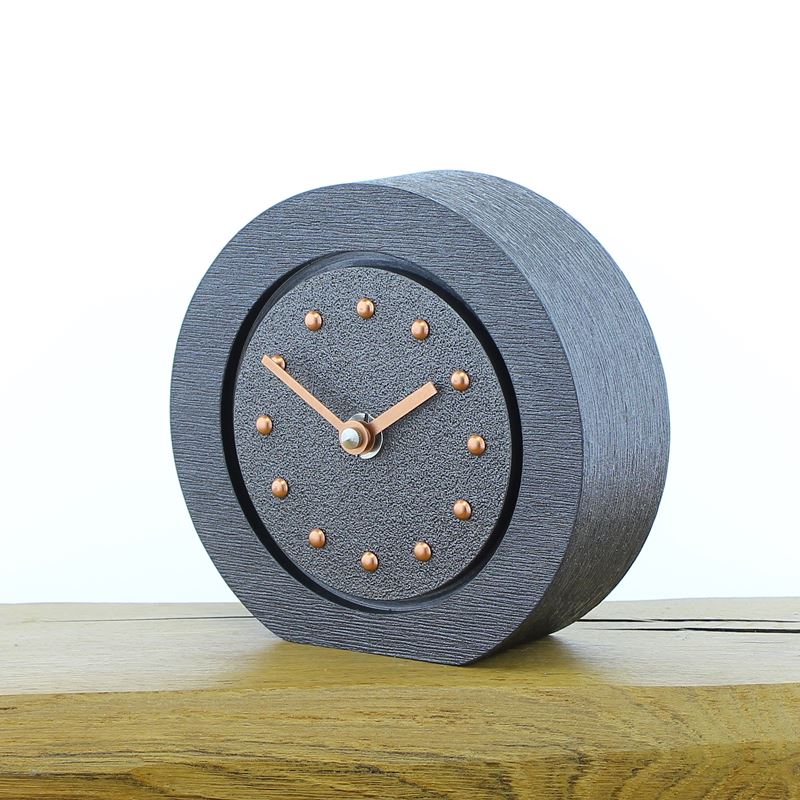 Round Pewter Coloured Mantel Clock, Pewter Frame, Copper Studs and Hands