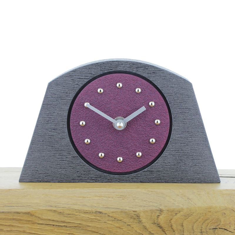 Arched Purple Mantel Clock, Pewter Frame, Silver Studs and Hands