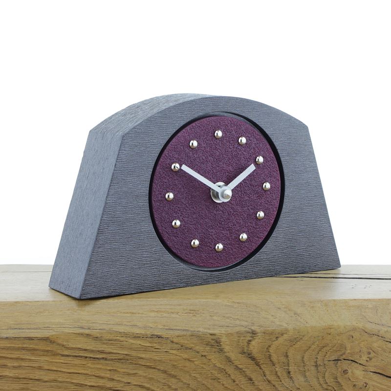 Arched Purple Mantel Clock, Pewter Frame, Silver Studs and Hands