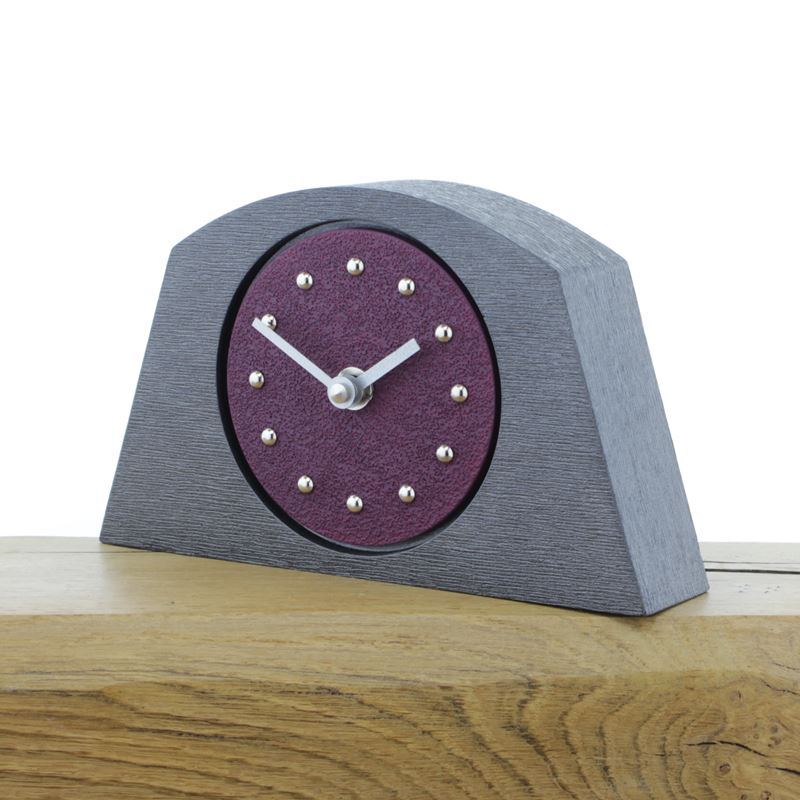 Arched Purple Mantel Clock, Pewter Frame, Silver Studs and Hands