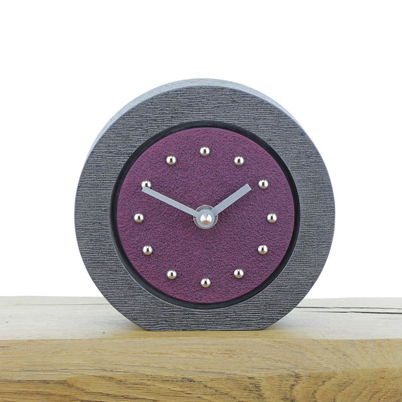 Round Purple Mantel Clock, Pewter Frame, Silver Studs and Hands