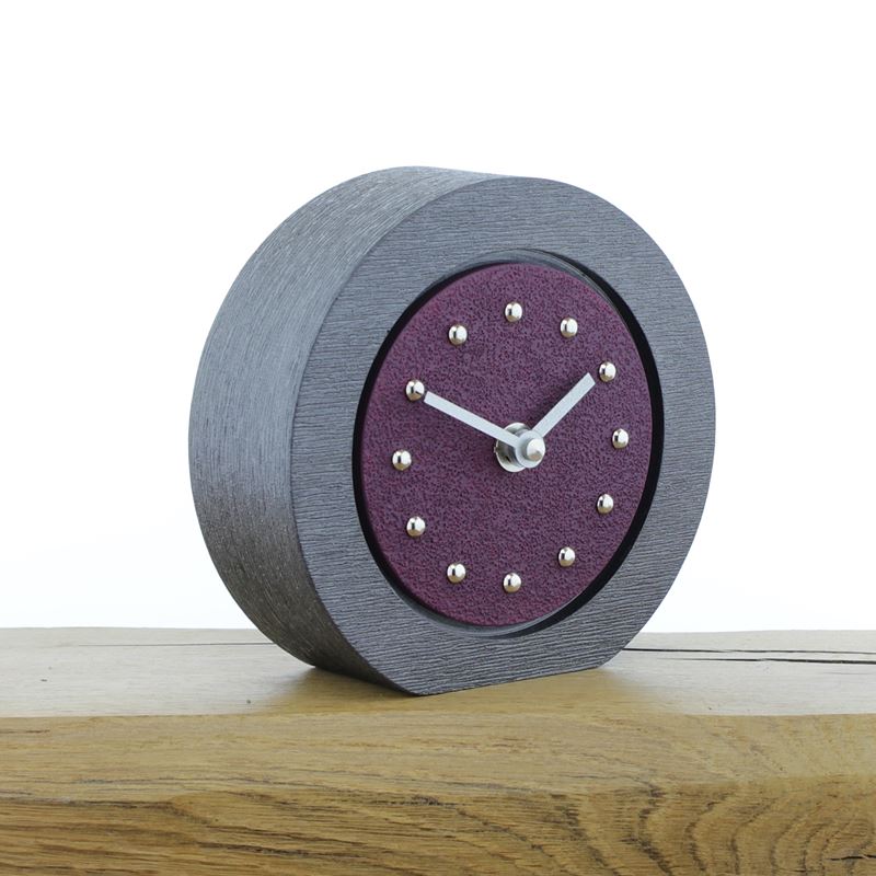 Round Purple Mantel Clock, Pewter Frame, Silver Studs and Hands