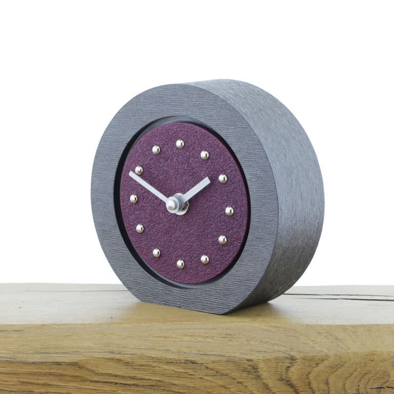 Round Purple Mantel Clock, Pewter Frame, Silver Studs and Hands