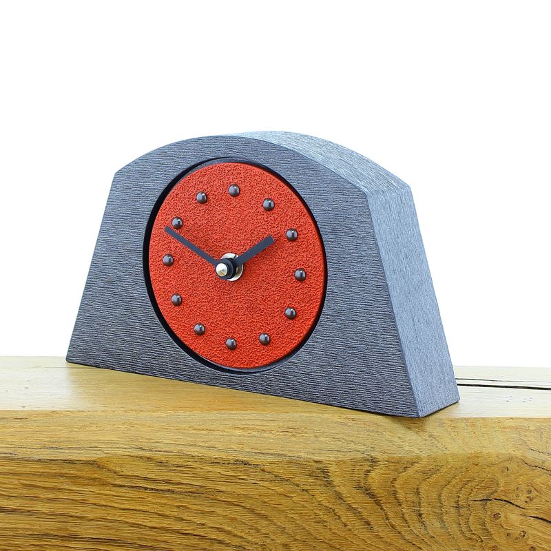 Arched Red Mantel Clock, Pewter Frame, Antique Studs, Black Hands