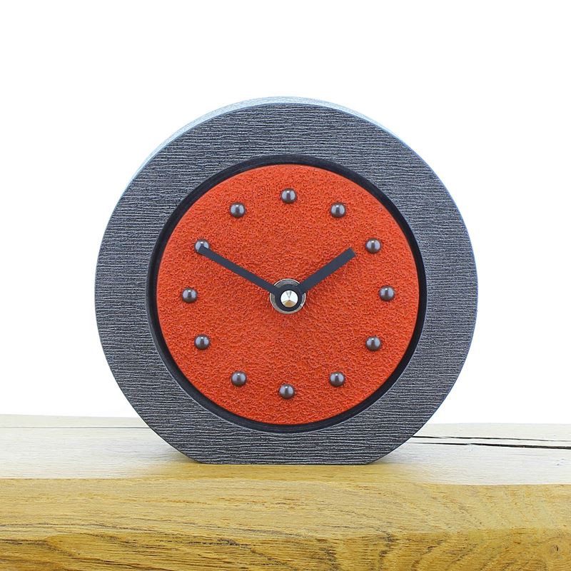 Round Red Mantel Clock, Pewter Frame, Antique Studs, Black Hands