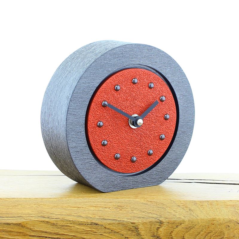 Round Red Mantel Clock, Pewter Frame, Antique Studs, Black Hands