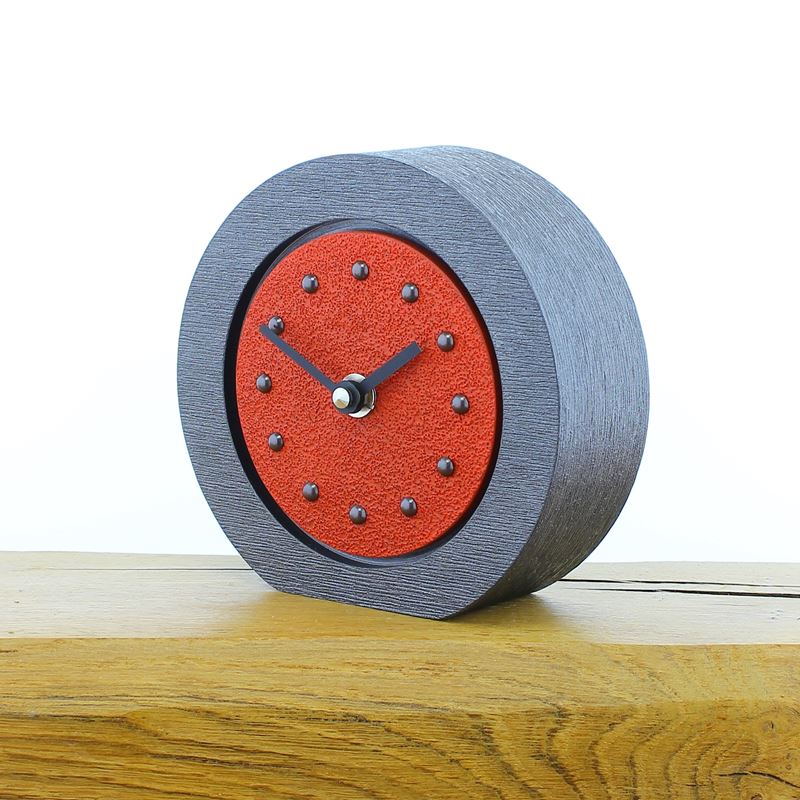 Round Red Mantel Clock, Pewter Frame, Antique Studs, Black Hands