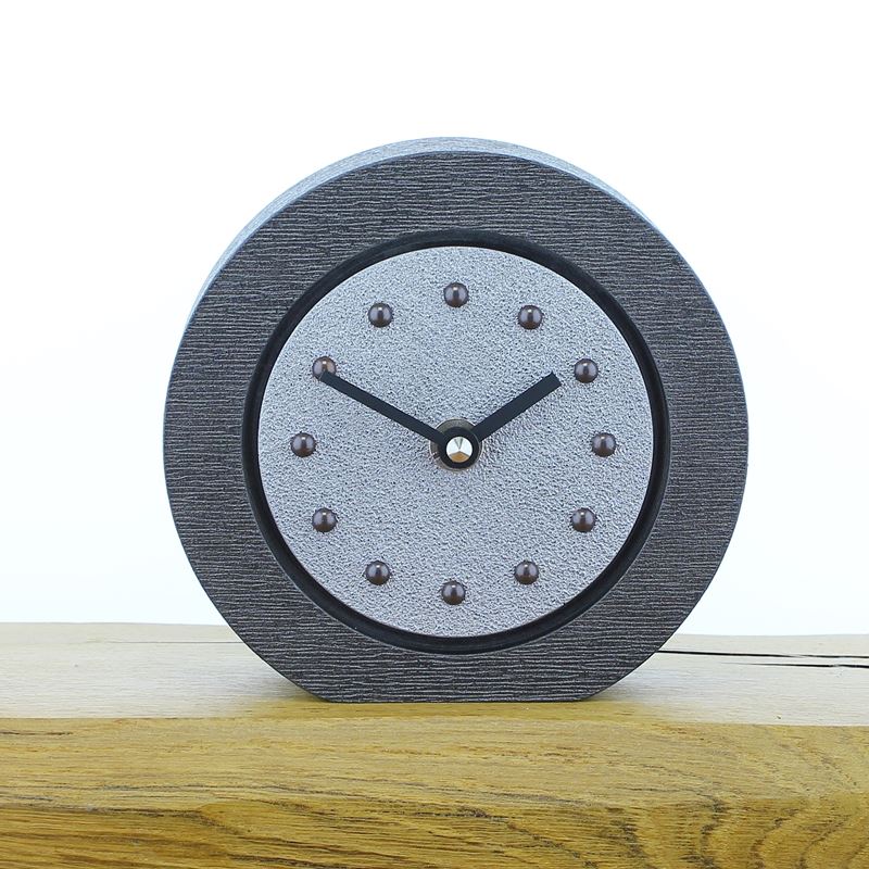 Round Silver Mantel Clock, Pewter Frame, Antique Studs, Black Hands