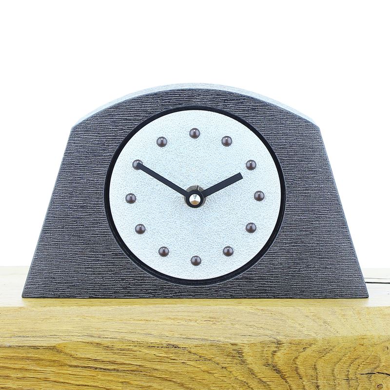 Arched White Mantel Clock, Pewter Frame, Antique Studs, Black Hands