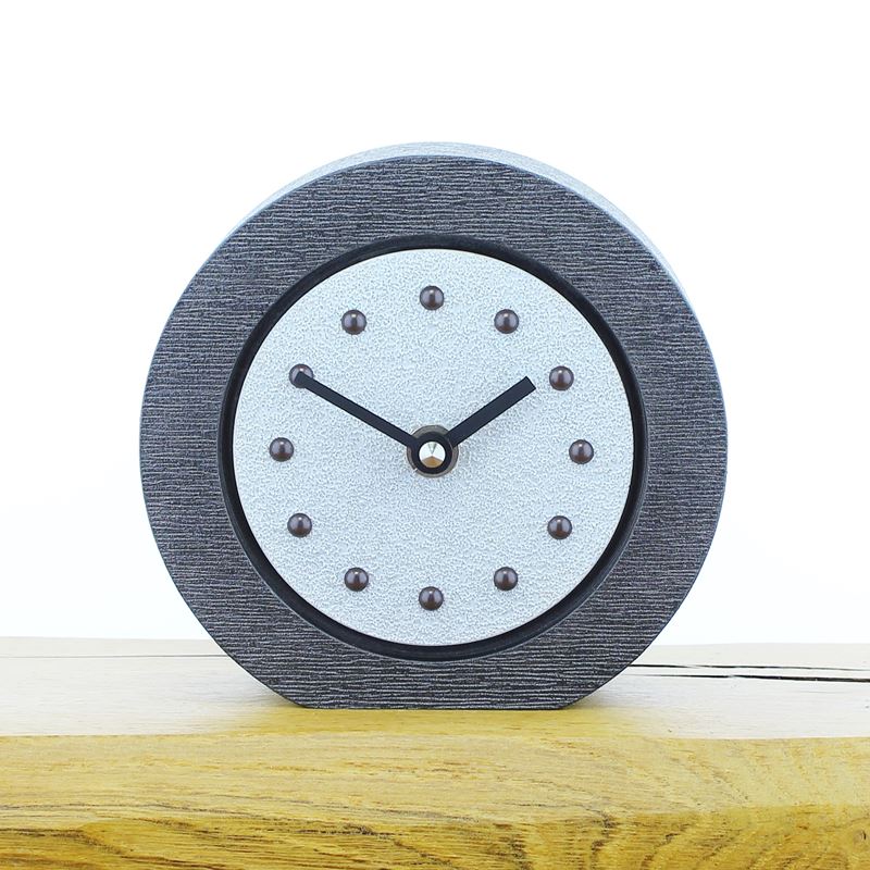 Round White Mantel Clock, Pewter Frame, Antique Studs, Black Hands