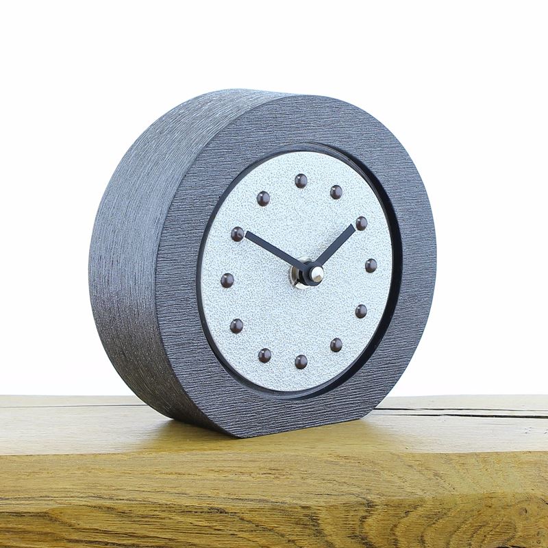 Round White Mantel Clock, Pewter Frame, Antique Studs, Black Hands