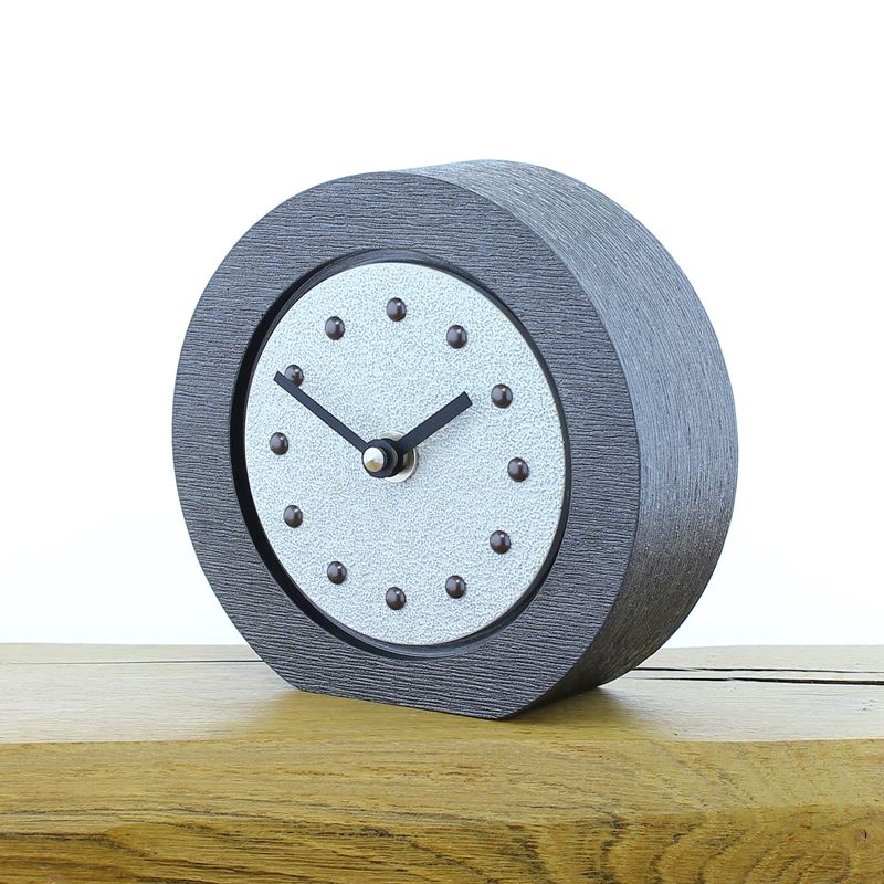 Round White Mantel Clock, Pewter Frame, Antique Studs, Black Hands