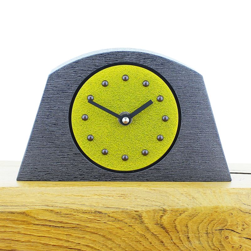 Arched Yellow Mantel Clock, Pewter Frame, Antique Studs, Black Hands